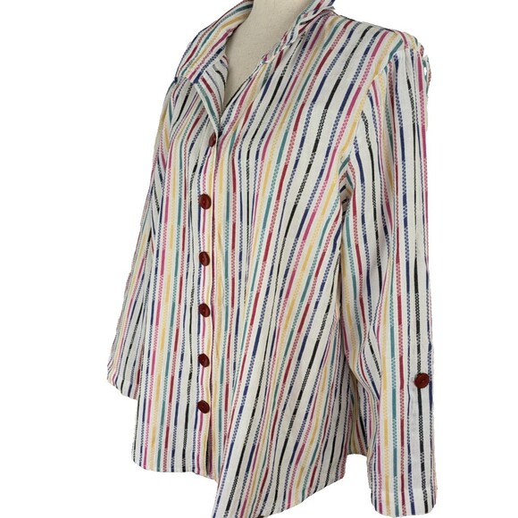Ali Miles Size XL Striped Button Front Wired Collar Roll Tab Tunic Top - Picture 3 of 8